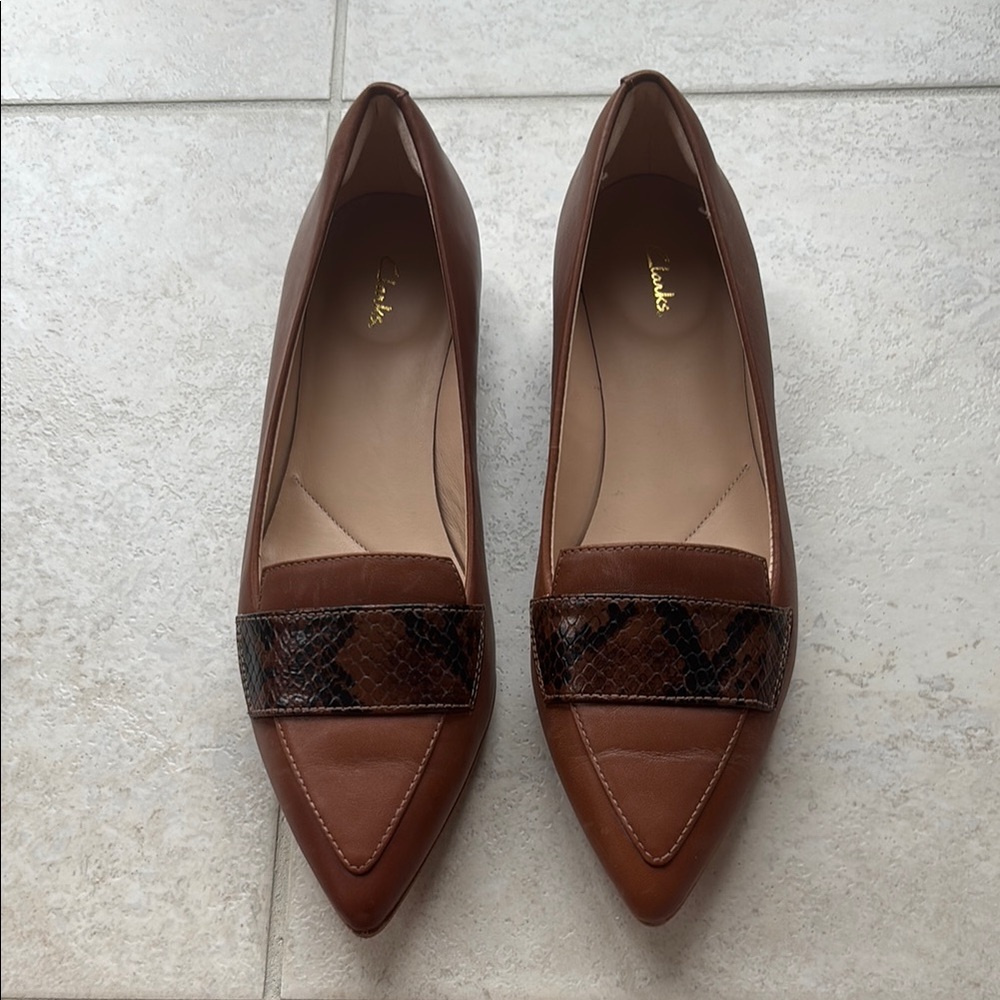 Clarks Brown Leather Loafers with Snakeskin Design